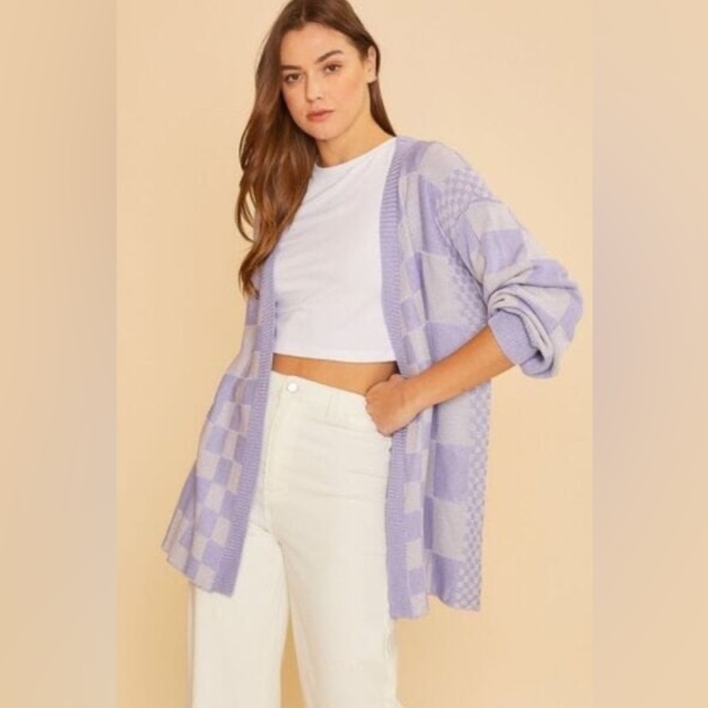 AnnieWear Los Angeles Lavender Checkered Knit Cardigan Size Small - Picture 4 of 8